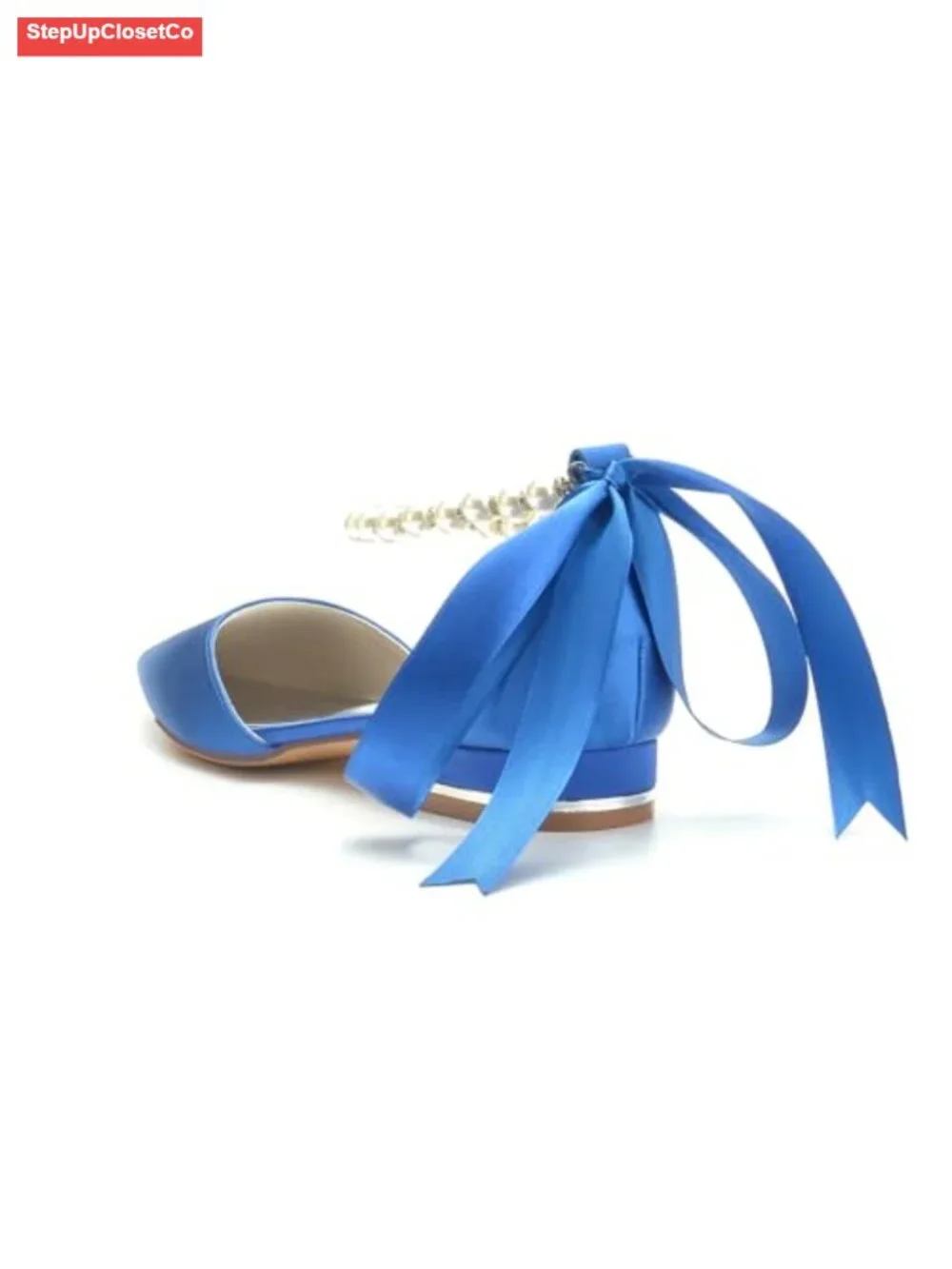 Satin Pearl Pointed Toe Ankle Strap Wedding Flats Pumps